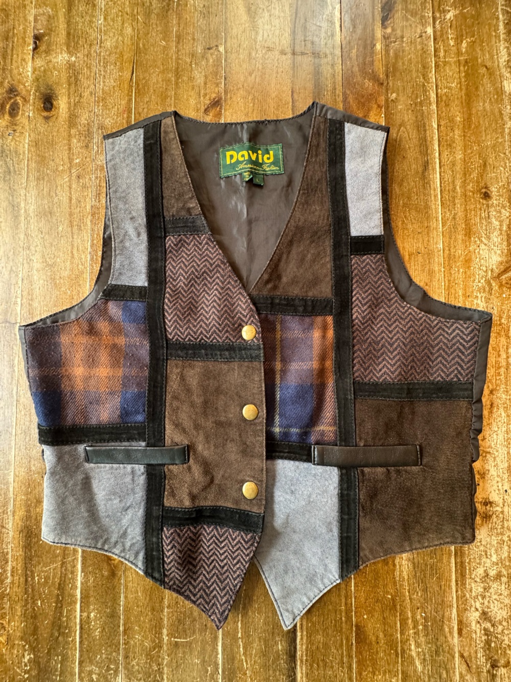 David American Country Brand Genuine Leather Quilted Brown Patchwork Snap Vest